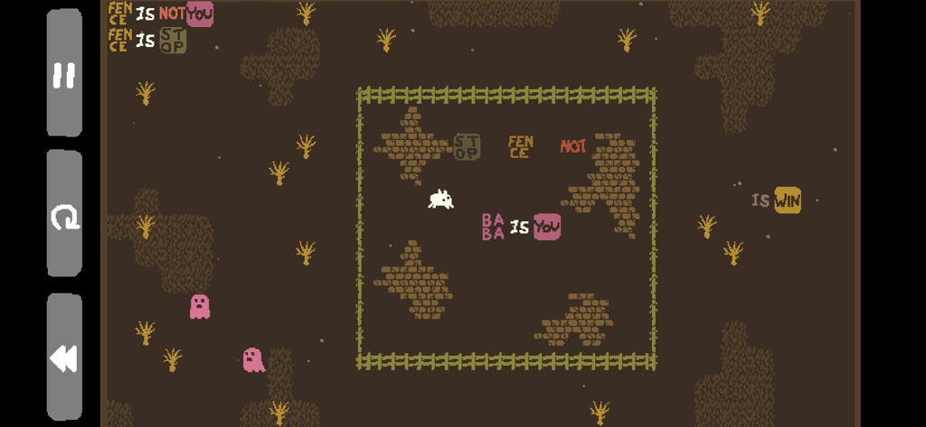 Baba Is You - A gameplay screenshot of Baba Is You showing word blocks that define game rules in a grid-based puzzle level.