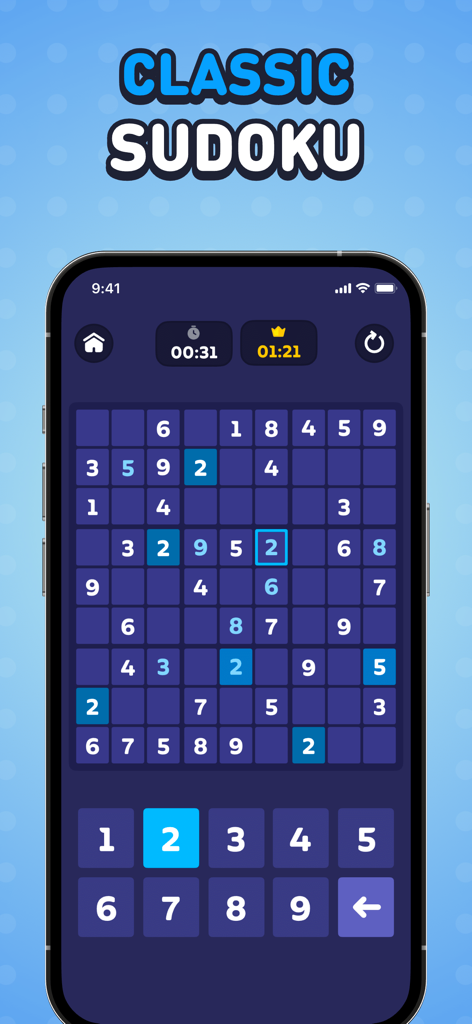 Offline Games No Wifi Games - - Classic Sudoku puzzle interface in a mobile app featuring a number grid and timer