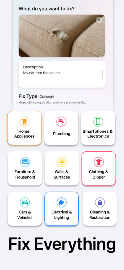 AI Repair: DIY Home Fix Guide - Interface of AI Repair app showing different household fix categories and a photo of a torn couch with a text description.