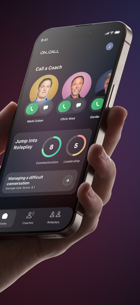 A smartphone displaying the MasterClass On Call app interface with AI coaching options for Mark Cuban and Chris Voss and a roleplay progress dashboard.