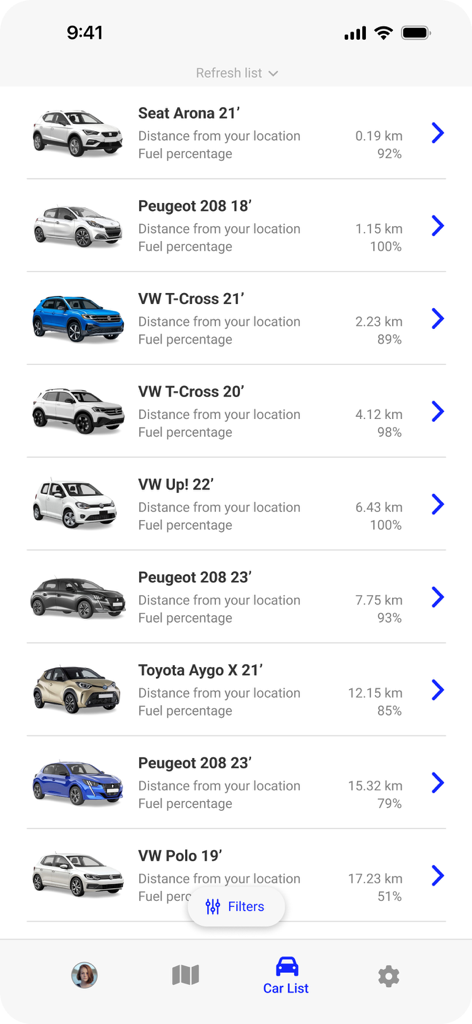Caroo mobile app screen displaying a list of available cars for rent with distance and fuel status