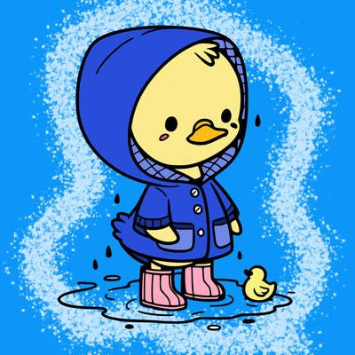 baby duck in a rain coat and boots, in a puddle while it’s raining