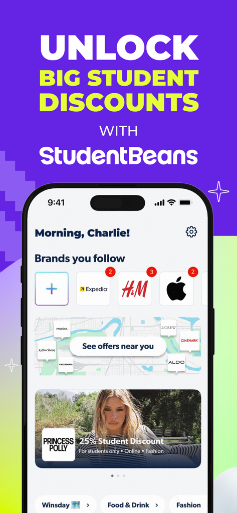 Student Beans app home screen showing college student discounts on brands like Apple and Princess Polly