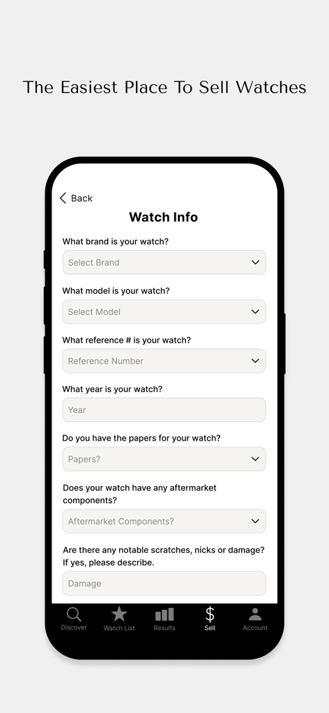 Watch information entry form on the Grailzee app for selling luxury timepieces including brand, model, and condition details.