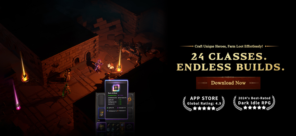 Eternal Ember - Promotional banner for Eternal Ember showing dark fantasy dungeon gameplay and hero class features