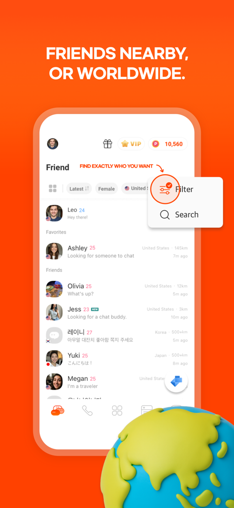 DaTalk app discovery screen showing a list of friends nearby and worldwide with search filters