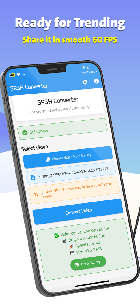 SR3H Video Converter - Interfaz de la aplicación SR3H Video Converter mostrando un resultado exitoso de conversión de video a 60 FPS para contenido de tendencia de alta calidad.