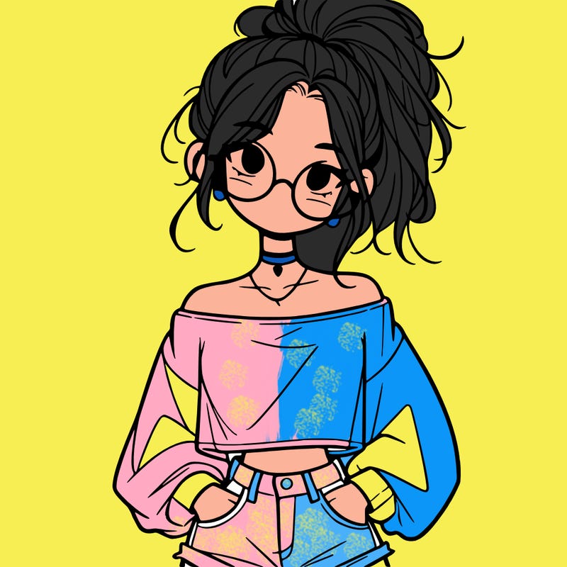 girl with a messy ponytail glasses a baggy crop top and jean shorts