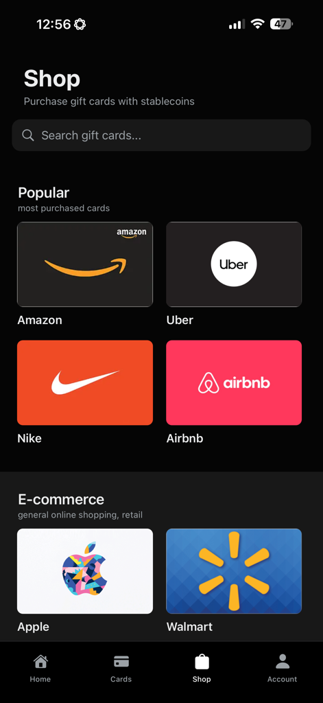 Laso Finance app shop screen showing gift cards for Amazon Uber Nike and Airbnb available for purchase with stablecoins