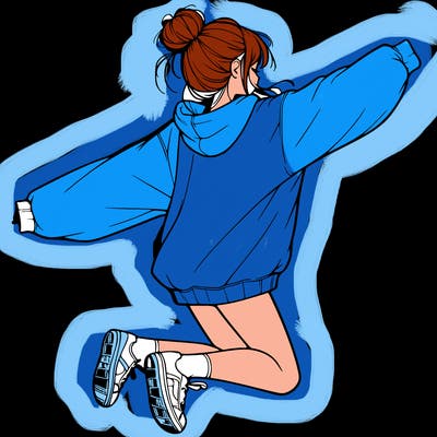 realistic girl jumping with a bun and oversized sweatshirt