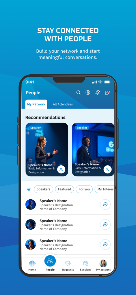 World Governments Summit - A mobile screen showing the networking and people section of the World Governments Summit app with speaker profiles and attendee recommendations.