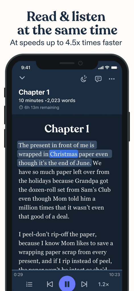 Speechify Books: Read & Listen - Smartphone showing Speechify Books app with synchronized text highlighting and audiobook playback at 4.5x speed