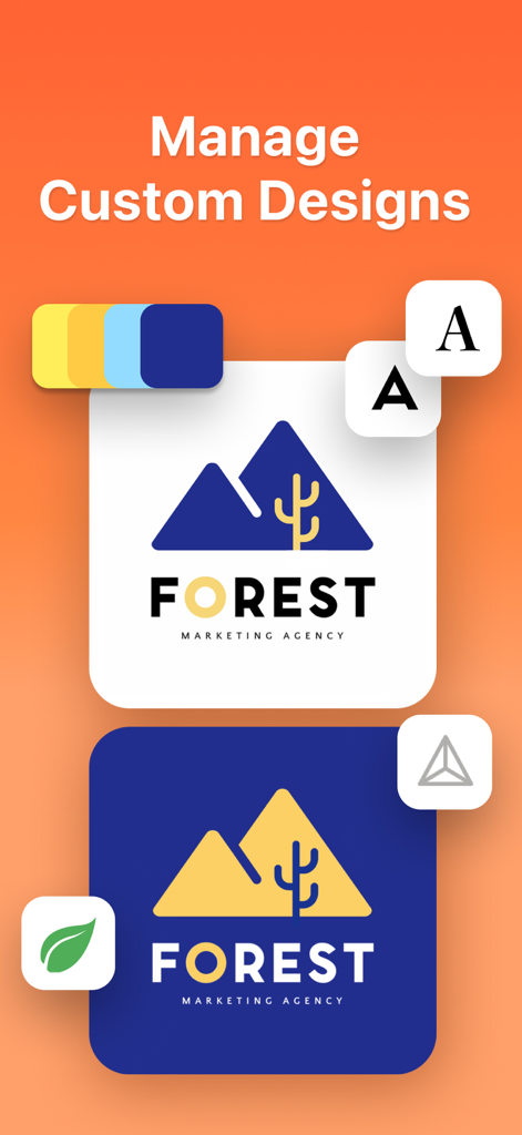 Interfaccia dell'app Conic che mostra variazioni di design di loghi personalizzati per un'agenzia di marketing.