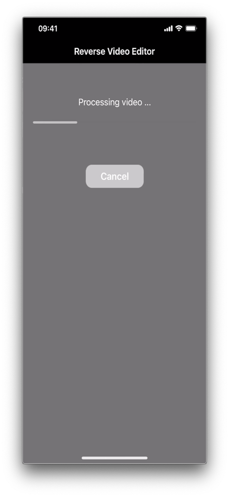 A screenshot of the Reverse Video Editor app showing a progress bar while processing a video with a cancel button