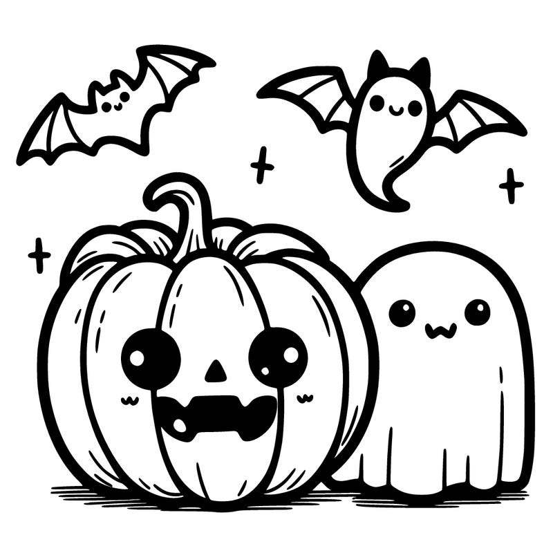 cute pumpkin with a cute ghost and a cute bat