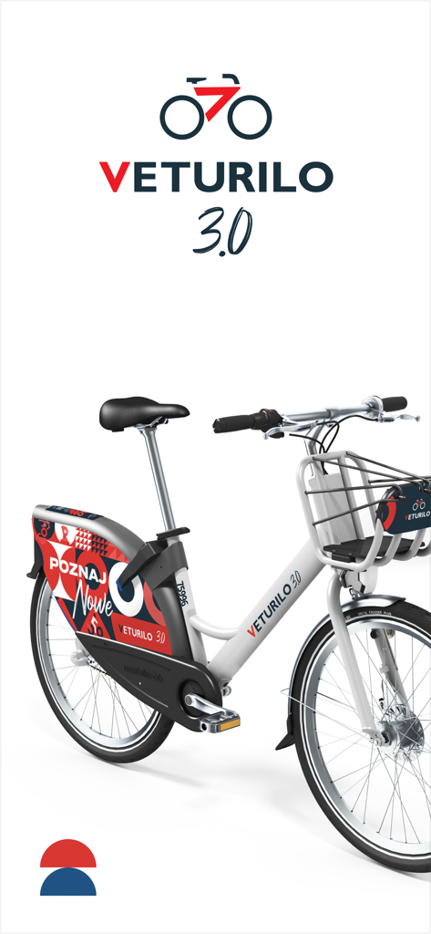 A white Veturilo 3.0 city bike with red and blue patterns for public rental in Warsaw