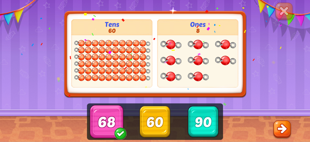 Number Kids app screenshot showing counting beads for tens and ones
