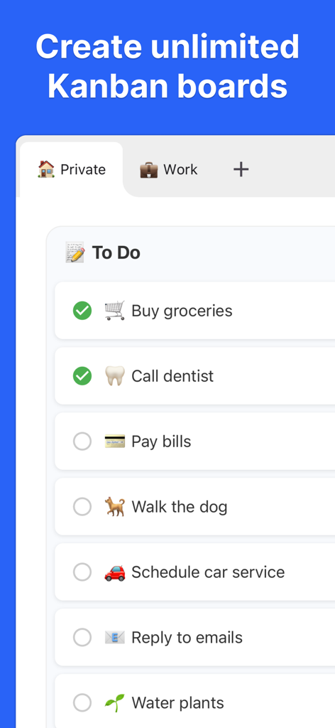 Interfaz de la aplicación KanbanBoard mostrando una lista de verificación de tareas diarias dentro de un tablero privado