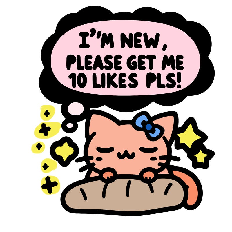 kitty taking a nap dream talking and saying "i'm new, please get me at least 10 likes pls!!"