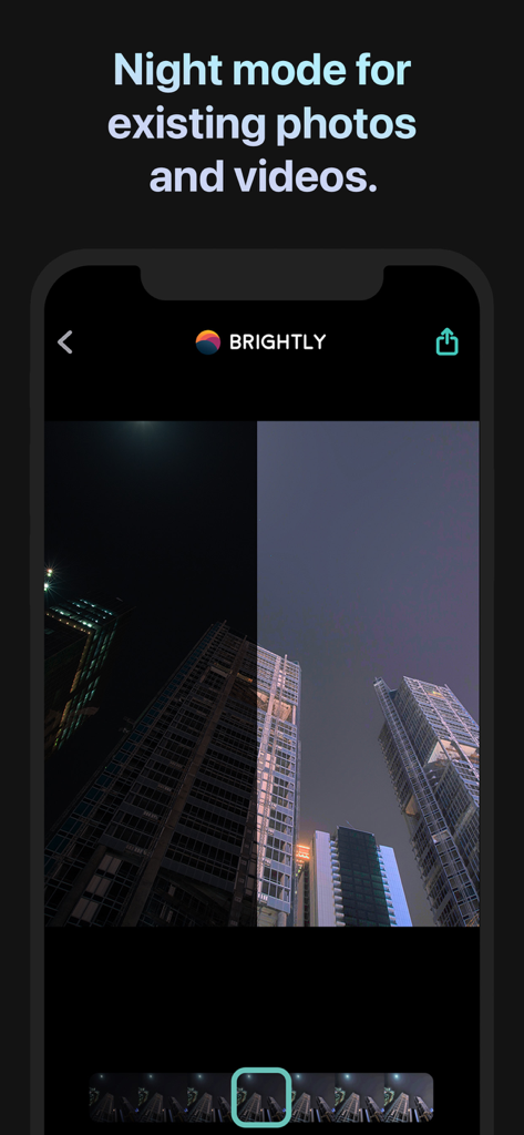Before and after comparison of a dark city skyline photo brightened with Brightly app night mode