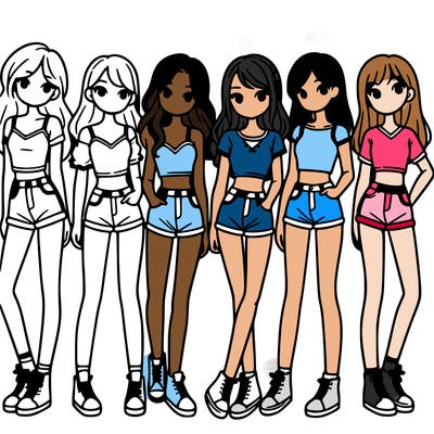 a group of girls wearing crop tops and shorts