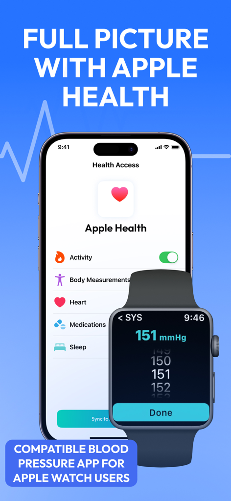 SmartBP app on iPhone showing Apple Health data categories and an Apple Watch displaying a blood pressure measurement