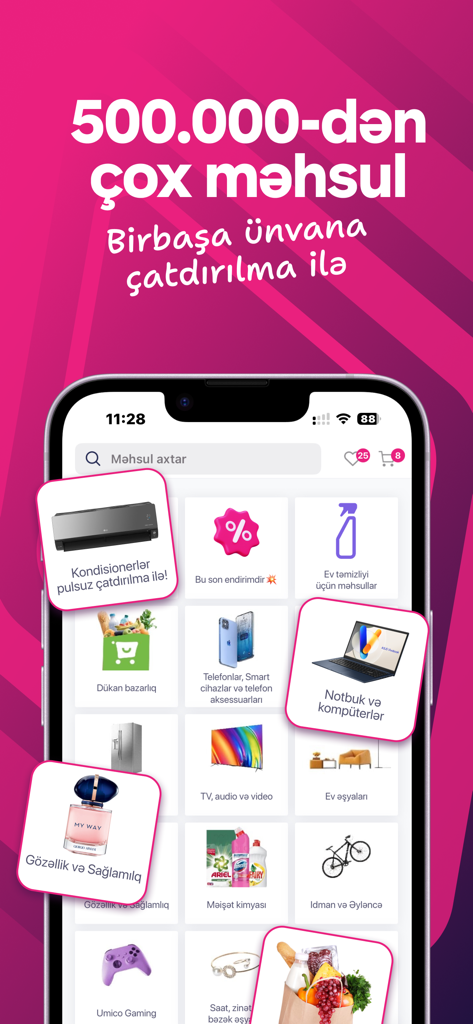 A screenshot of the Birmarket mobile app displaying a wide range of product categories including electronics, household items, fashion, and groceries on a vibrant pink background.
