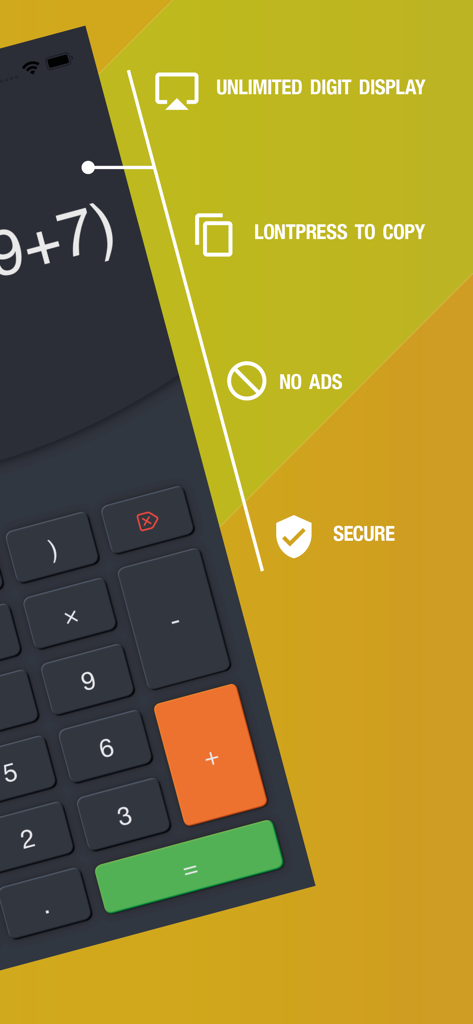 Number Talking Calculator Plus - A high-contrast calculator interface highlighting features like unlimited digit display, copy function, and an ad-free experience.
