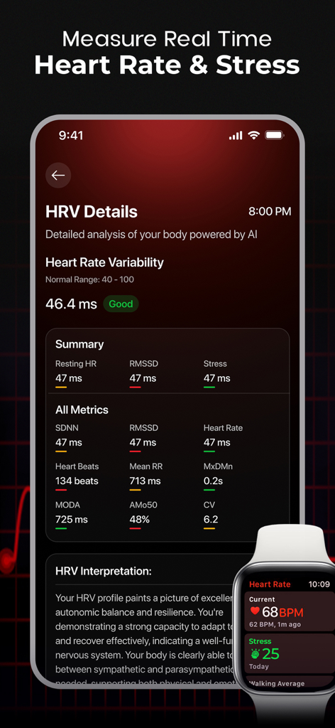 MyFitnessCoach-AI Fitness Diet - A dashboard displaying detailed Heart Rate Variability and real-time stress metrics in the MyFitnessCoach AI app.