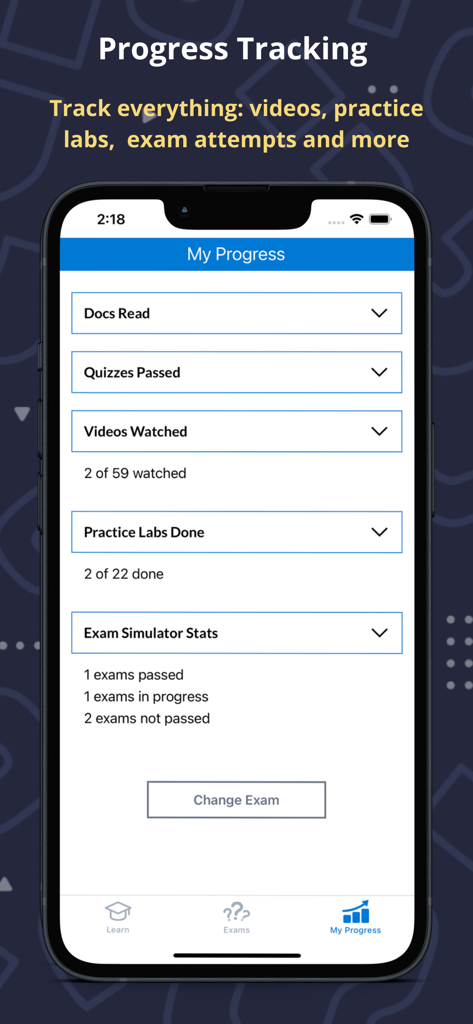 Écran de suivi des progrès dans l'application Learn Azure montrant l'achèvement des cours et les statistiques du simulateur d'examen