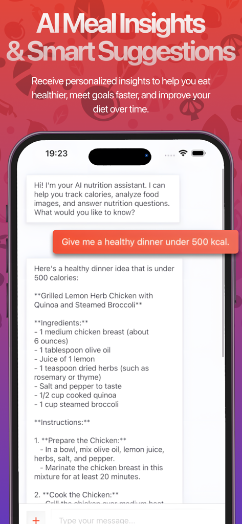 LensNutri : AI Calorie Counter - Screenshot of the LensNutri app showing an AI assistant providing a healthy low calorie dinner recipe and nutrition advice in a chat interface.