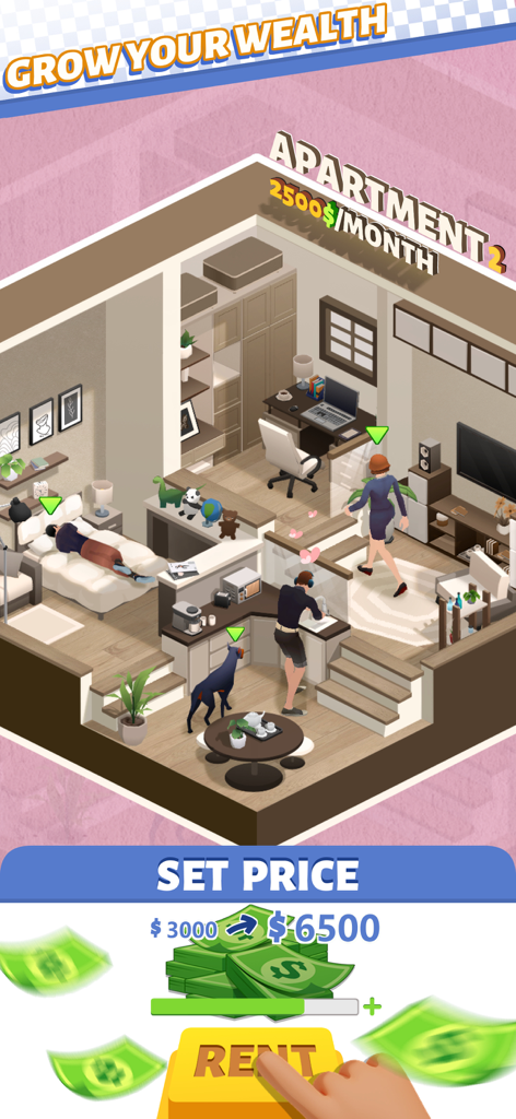 Isometric view of a modern apartment interior in Idle Landlord Sim showing a rent increase interface to grow wealth