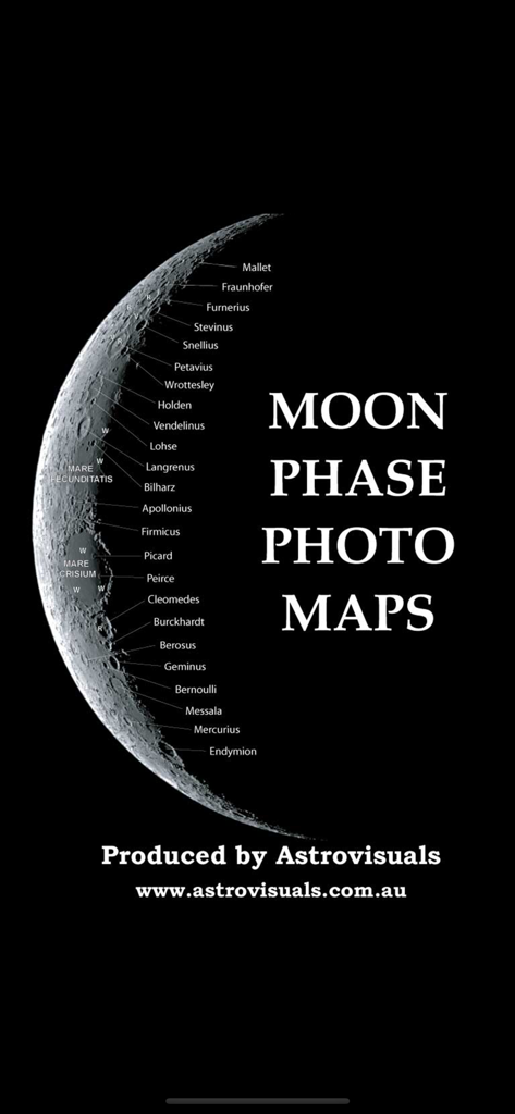 Moon Phase Photo Maps - A crescent moon photo with various lunar craters and features labeled