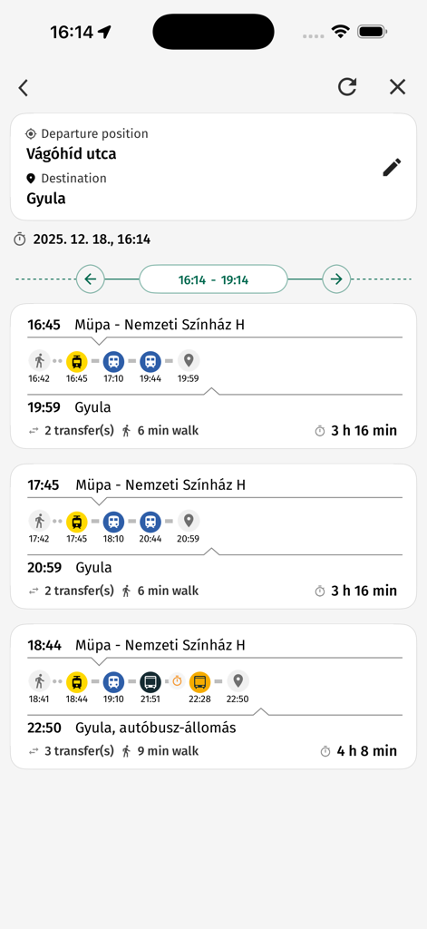 utas.hu - utas.hu app interface displaying transit route options from Budapest to Gyula with departure times and travel duration.