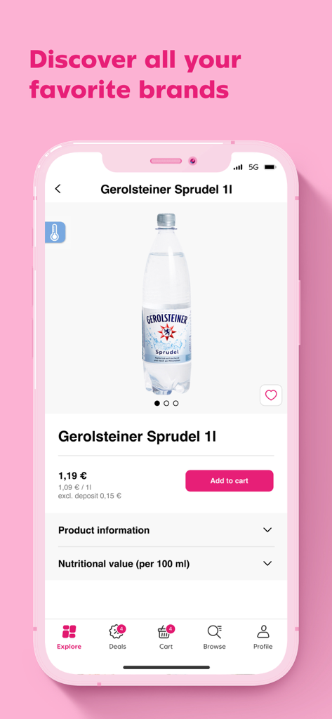 Flink app screenshot showing a bottle of Gerolsteiner sparkling water on a product page with an add to cart button