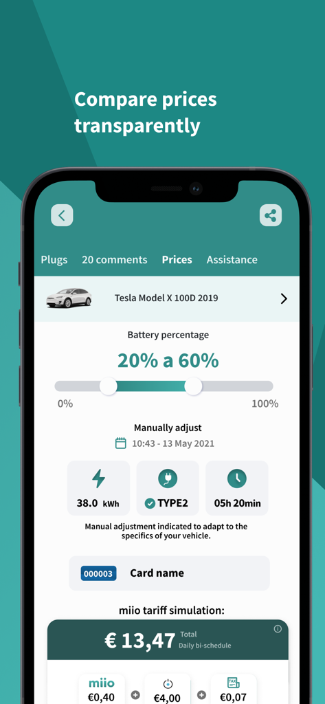 miio - miio アプリの充電価格シミュレーションと電気自動車の費用内訳を示すスマートフォン画面