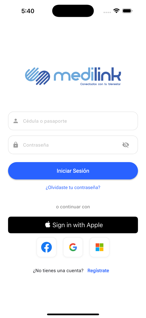 Medilink mobile app login interface with social sign in and identity options