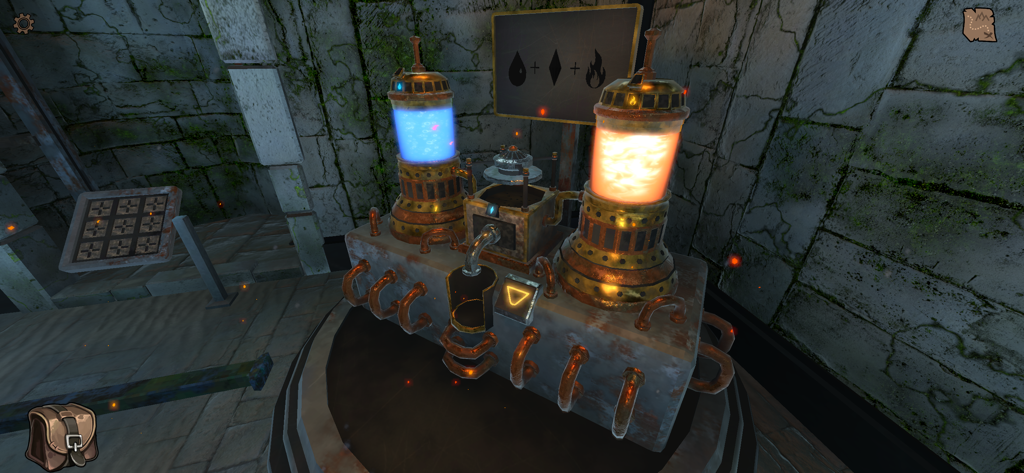 Legacy - Reawakening - Intricate mechanical puzzle with glowing blue and orange energy cylinders in an ancient stone room