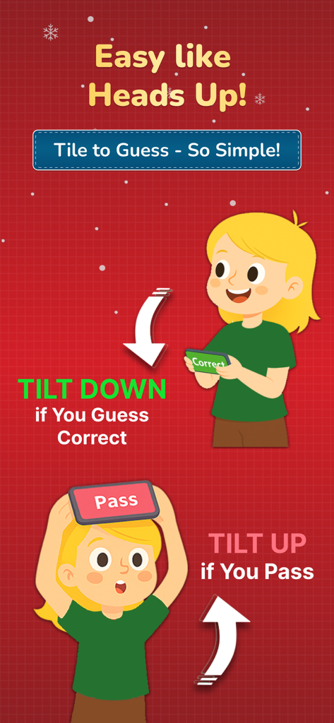 Charades Kids: Act it out - Visual guide showing how to tilt the phone to guess or pass in Charades Kids.