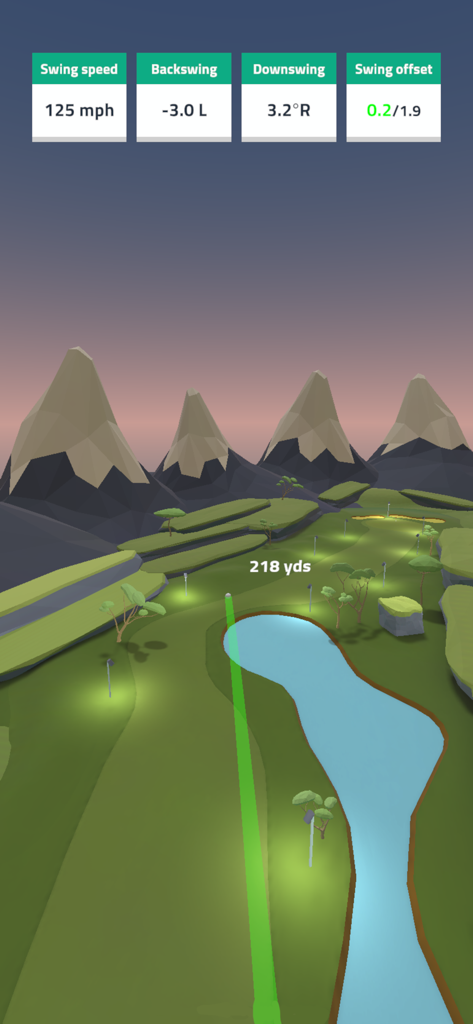 Golf Dreams - Jogabilidade do Golf Dreams mostrando estatísticas de swing realistas e tracer de bola sobre um campo de golfe low poly