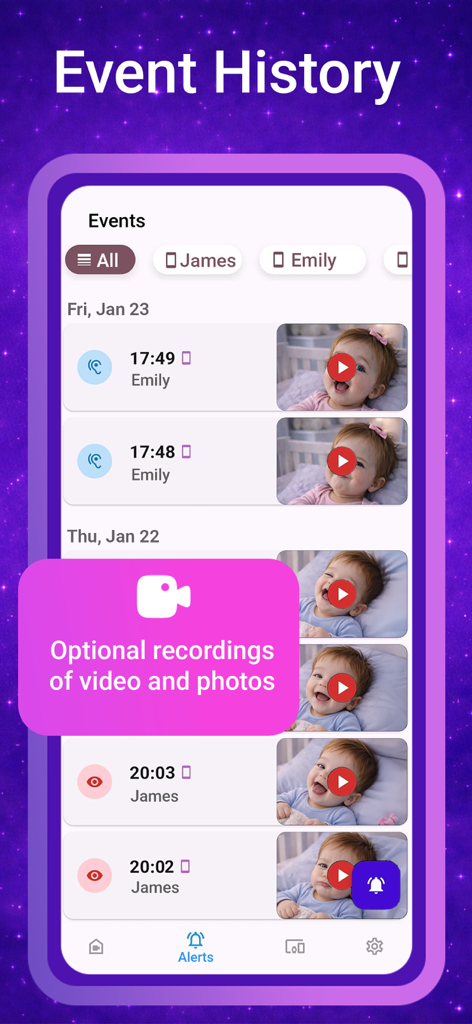 Nani – Baby Monitor - Event history screen of the Nani baby monitor app showing optional video and photo recordings of children with timestamps.