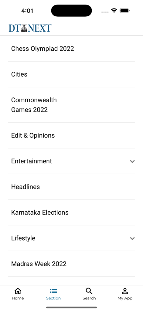 DTNEXT - Interfaz de la aplicación DTNEXT que muestra una lista de categorías de noticias que incluyen Entretenimiento y Titulares