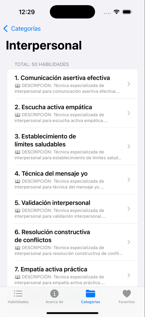 Caja de herramientas de TCC - Lista de habilidades interpersonales en español de la aplicación CBT Toolbox