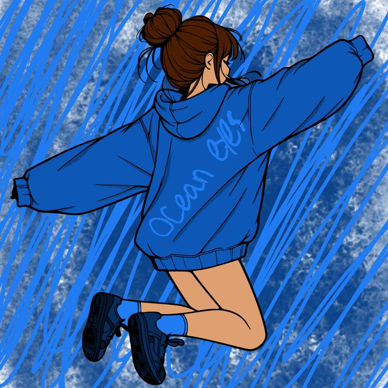realistic girl jumping with a bun and oversized sweatshirt