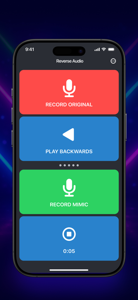 Interfaz de la aplicación Reverse Audio que muestra botones coloridos para grabar y reproducir audio al revés.
