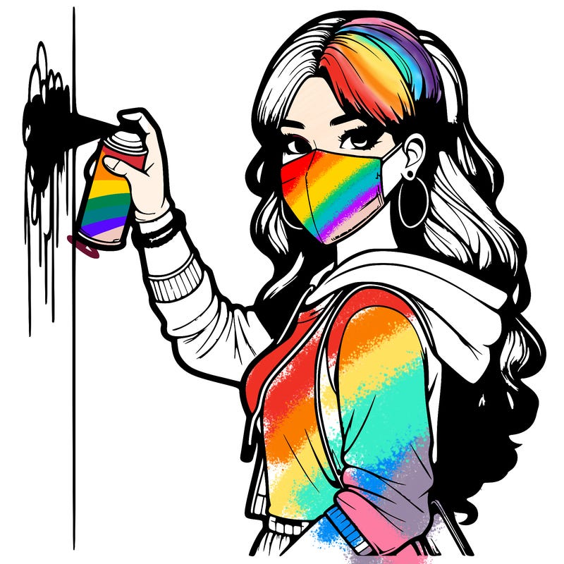 realistic girl with mask spray painting a wall