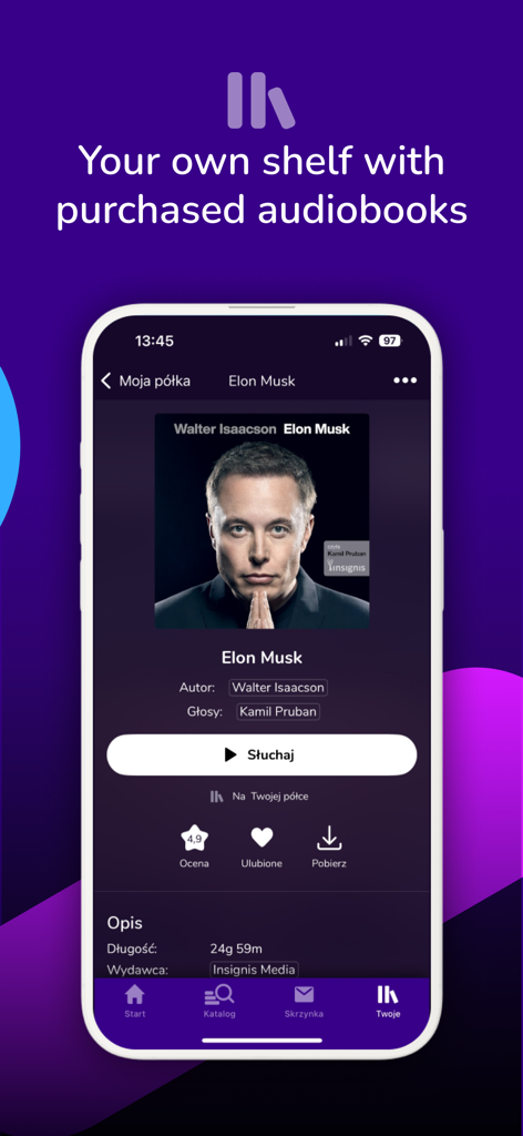 Audioteka app interface showing a purchased audiobook on the user shelf