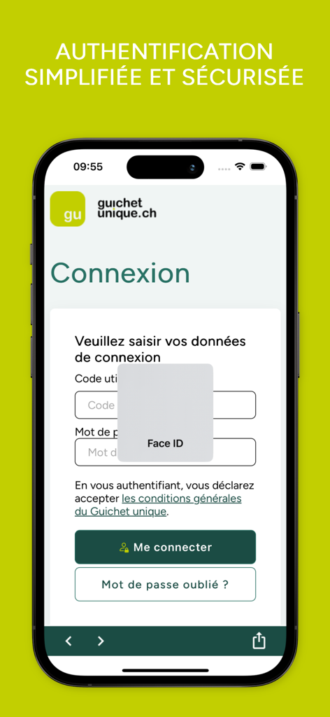 Guichet unique - Interface d'authentification sécurisée de l'application mobile Guichet unique utilisant Face ID