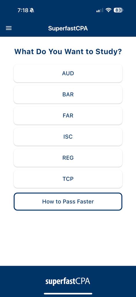 SuperfastCPA - SuperfastCPA app interface showing options to select CPA exam sections for study including AUD BAR FAR ISC REG and TCP