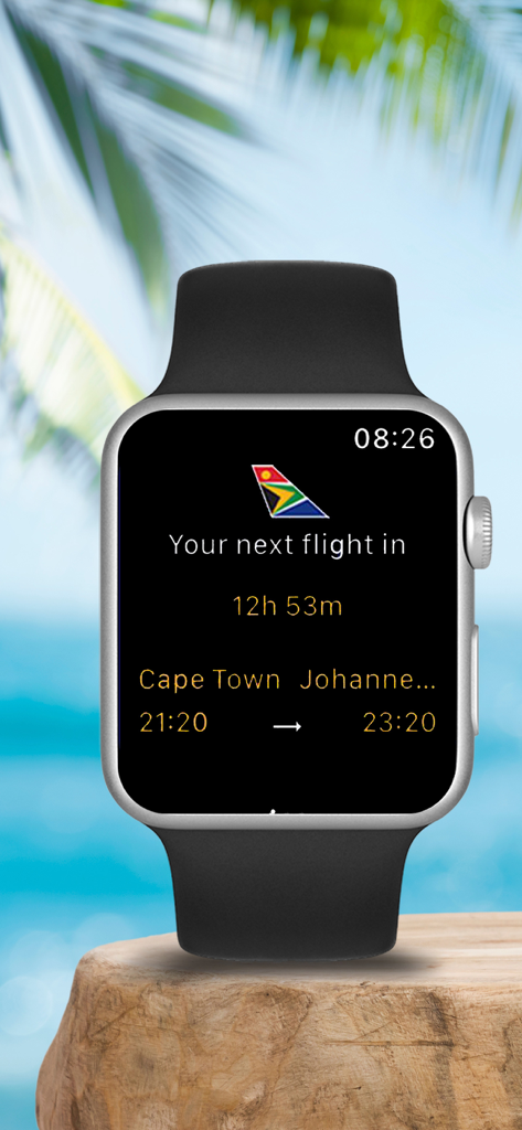 South African Airways - South African Airways flight details on an Apple Watch showing a countdown to a flight from Cape Town to Johannesburg